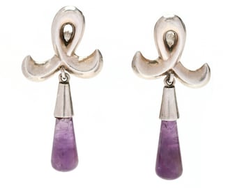 Aretes colgantes de amatista Pineda, plata, Taxco, México, cinta vintage, regalo de los años 60
