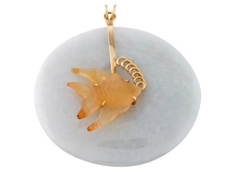 Jadeite Carved Agate 14K Yellow Gold Swimming Angel Fish with Bubbles Pendant