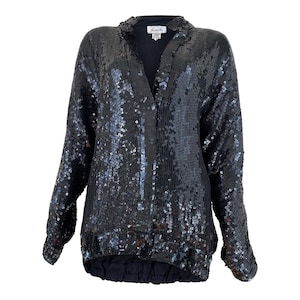 Black Sequin Vintage 1980s Shacket Moto Jacket Bomber Jacket Fully Beaded Silk Shirt Judith Ann SM MED