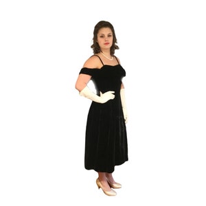1950s Ceil Chapman Off Shoulder Black Dress Silk Velvet Vintage Gown SM