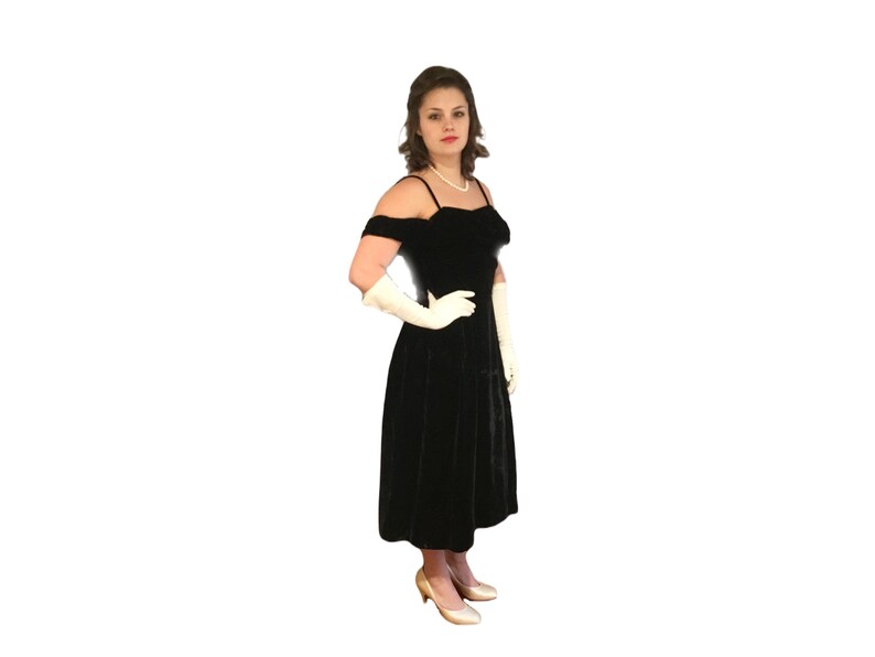 1950s Ceil Chapman Off Shoulder Black Dress Silk Velvet Vintage Gown SM