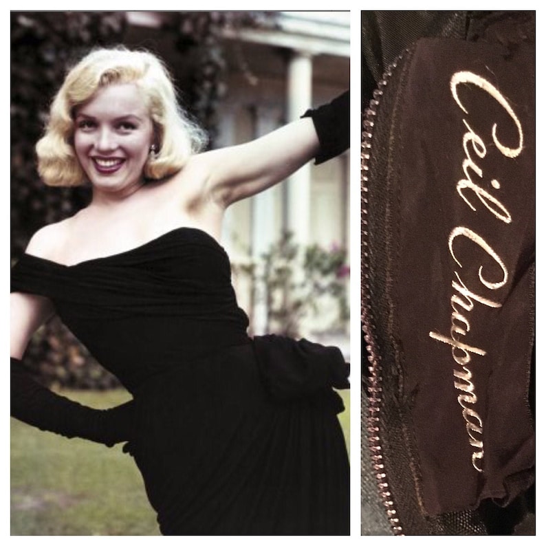 image of Marilyn Monroe wearing Ceil Chapman dress and Ceil Chapman dress label
