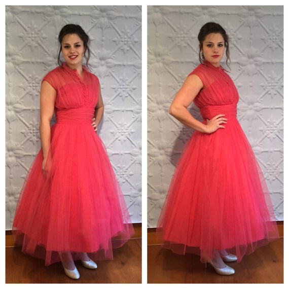 1950s Emma Domb Dress Hot Pink Tulle Gown / Cupcak