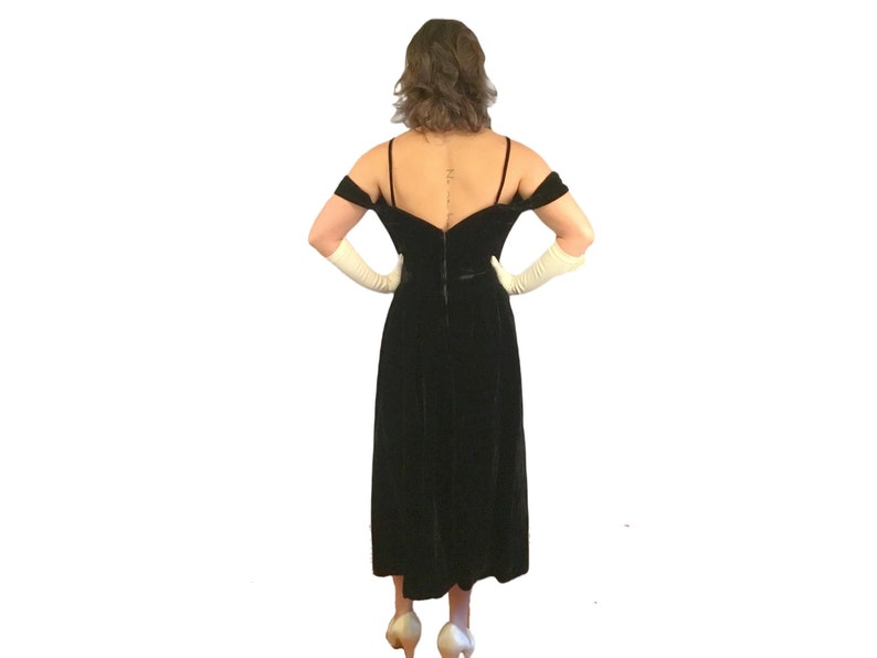 1950s Ceil Chapman Off Shoulder Black Dress Silk Velvet Vintage Gown SM