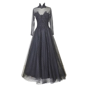 Lillie Rubin Sheer Black Dress Wednesday Addams Dress Designer 1990s Polka Dot Goth Dress Formal Evening Gown | SM
