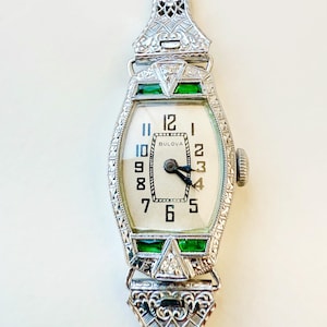 1928 Bulova Art Deco Ladies Watch 14K White Gold with Diamonds & Emeralds, Engraved Vintage Wristwatch, Antique Estate Jewelry Gift