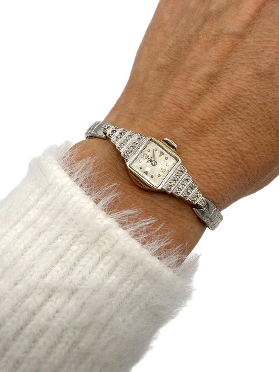 1930s Benrus Diamond Wristwatch, 14K White Gold Art Deco Watch, Swiss 21J