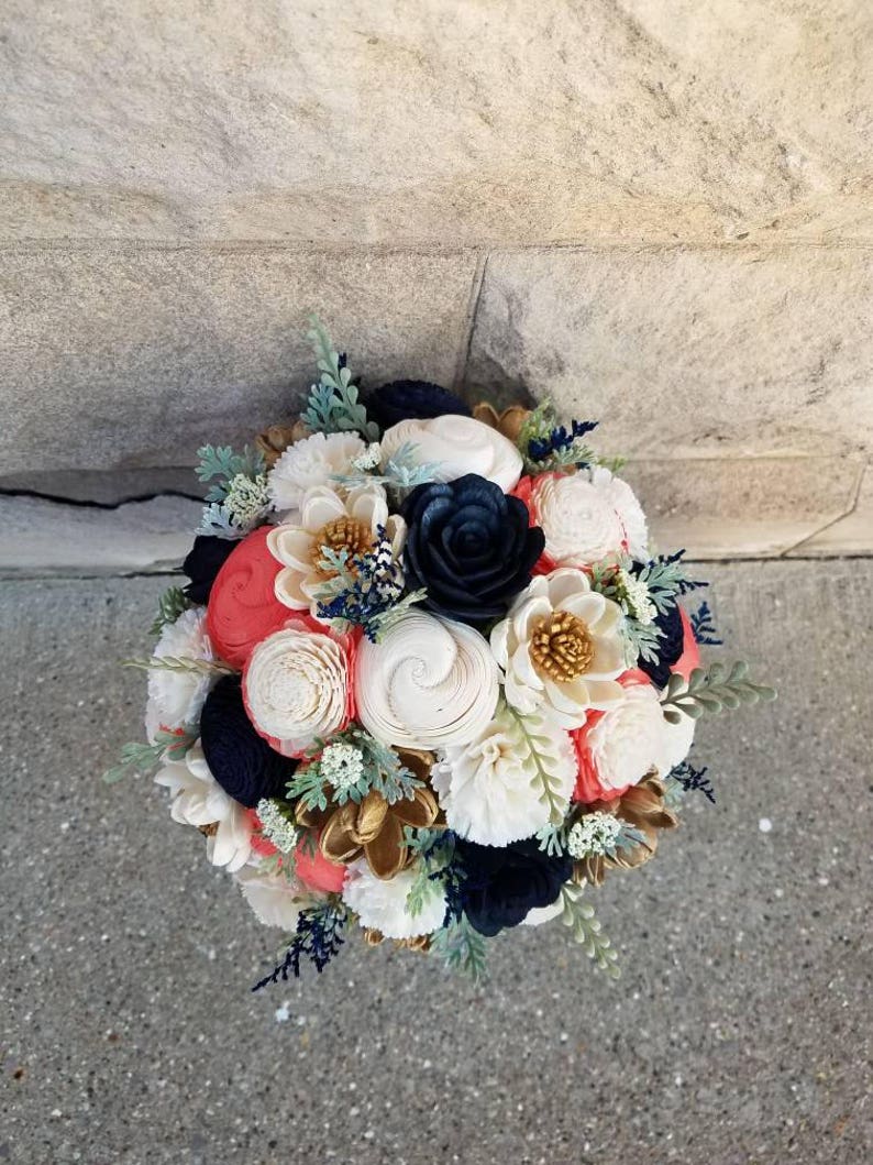 wood flowers sola flowers Navy and Coral Bouquet wood bouquet