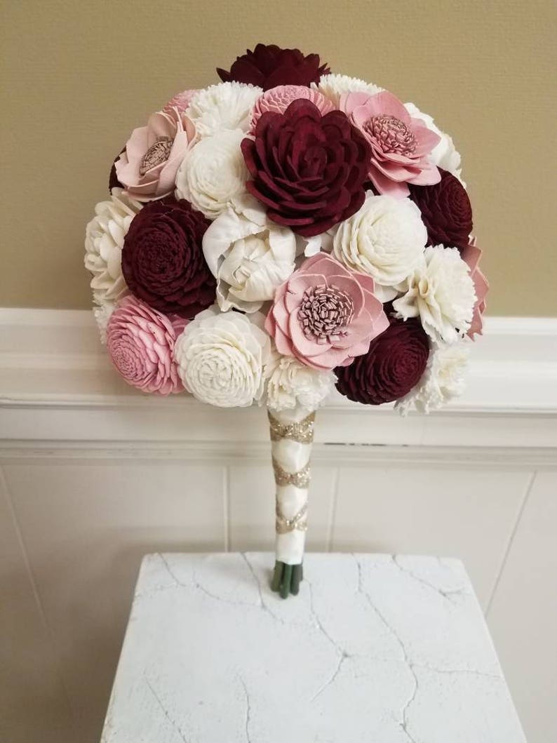 Burgundy and Blush Large Sola Wood Bridal Bouquet