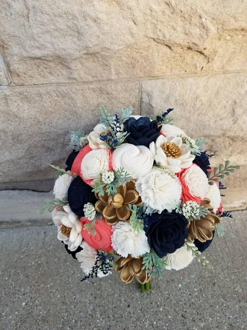 wood flowers sola flowers Navy and Coral Bouquet wood bouquet