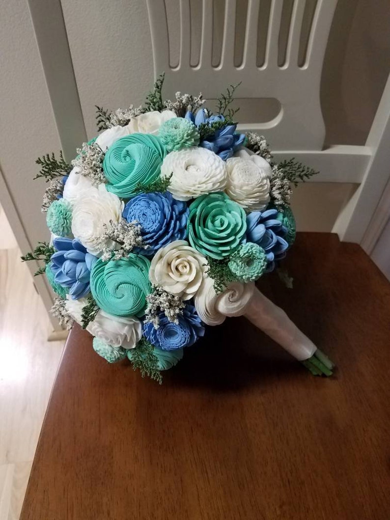 Large Sola Wood Bridal Bouquet Green and blue bouquet | Etsy