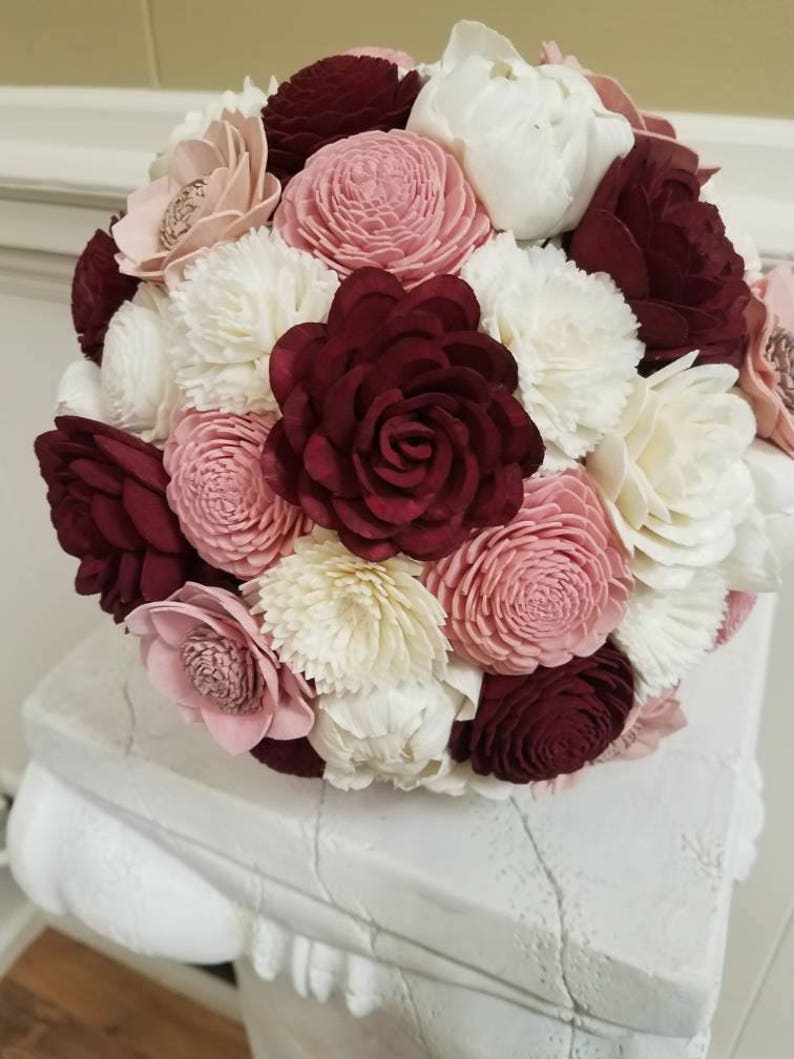 Burgundy and Blush Large Sola Wood Bridal Bouquet