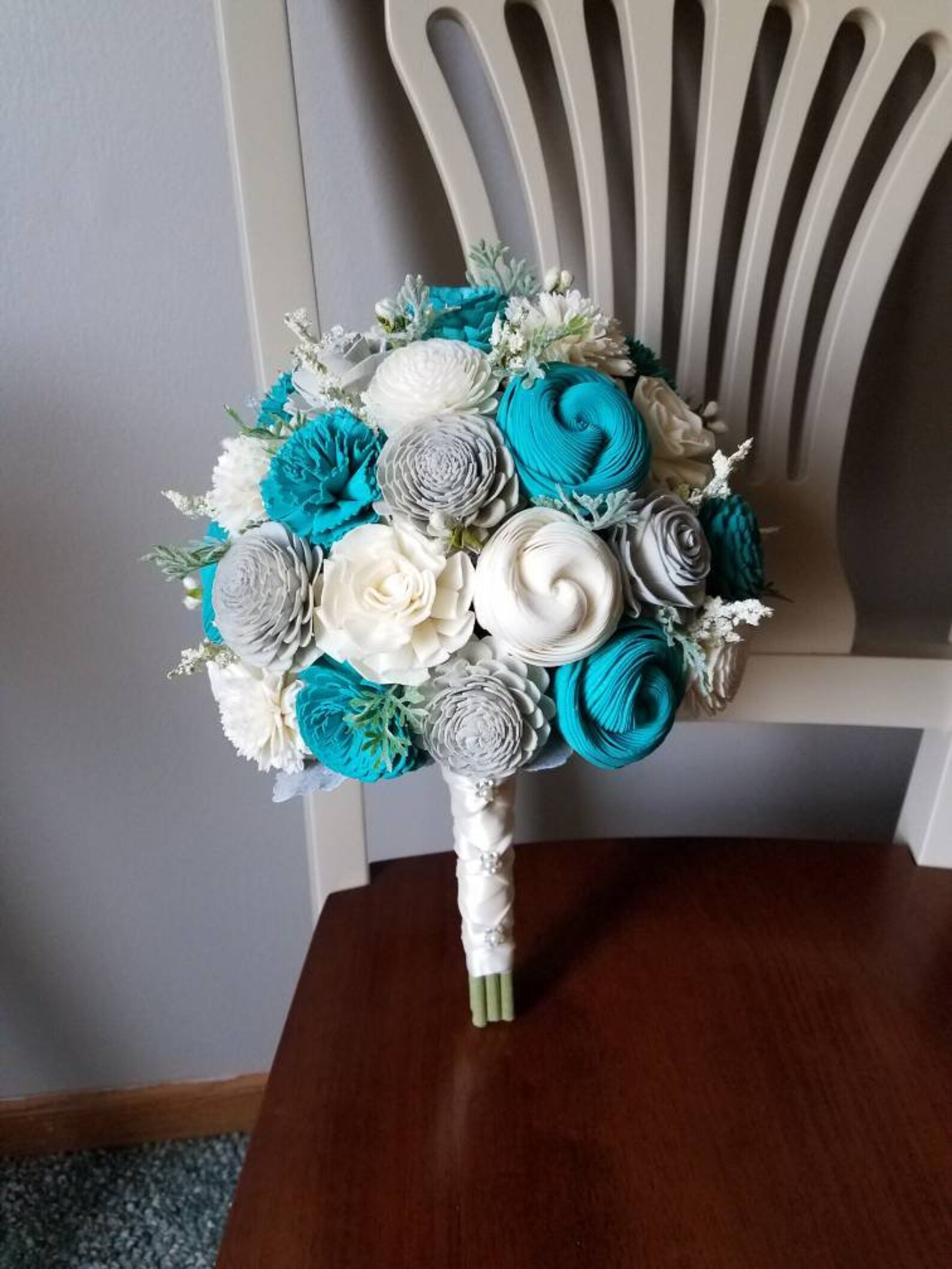 Large Sola Flower Bouquet Teal Gray Grey and Ivory Bouquet Etsy