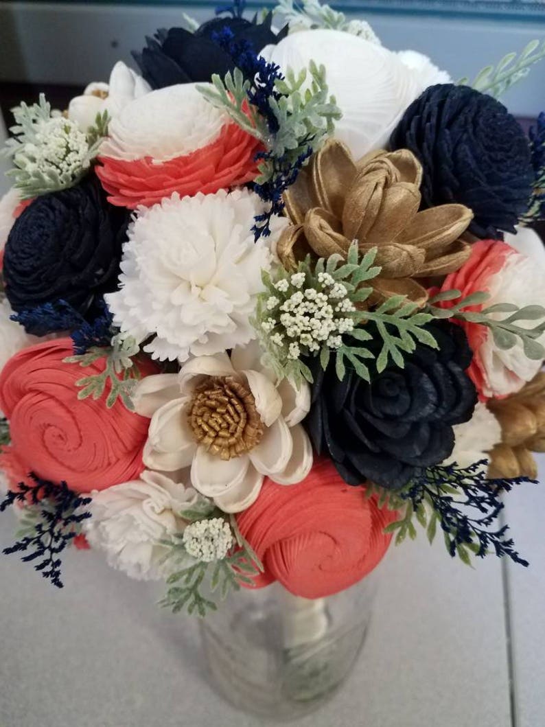 wood flowers sola flowers Navy and Coral Bouquet wood bouquet
