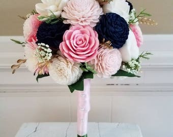 Blush and Navy Sola Flower Bouquet, bridal bouquet,  wood flower bouquet, custom bouquet