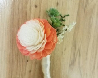 Coral boutonniere,  sola flower boutonniere,  wood flower boutonniere,  coral wood flower boutonniere