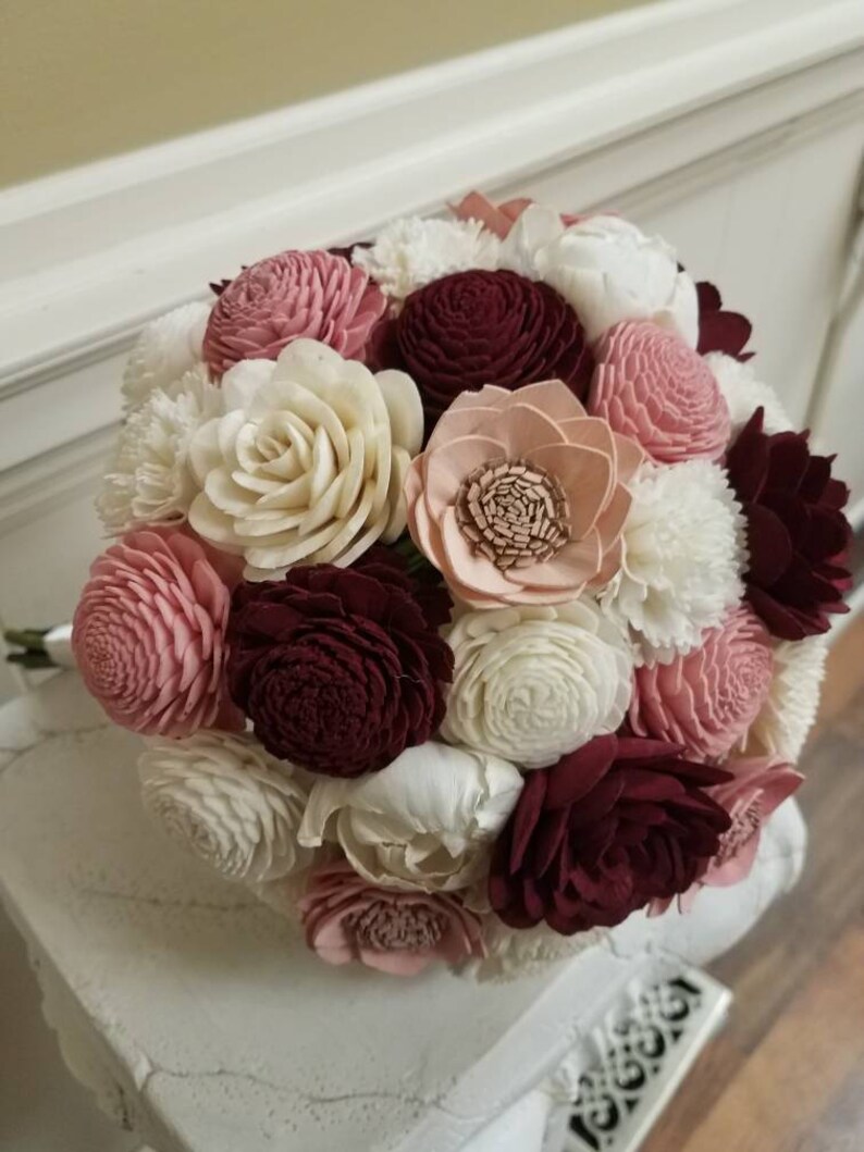 Burgundy and Blush Large Sola Wood Bridal Bouquet