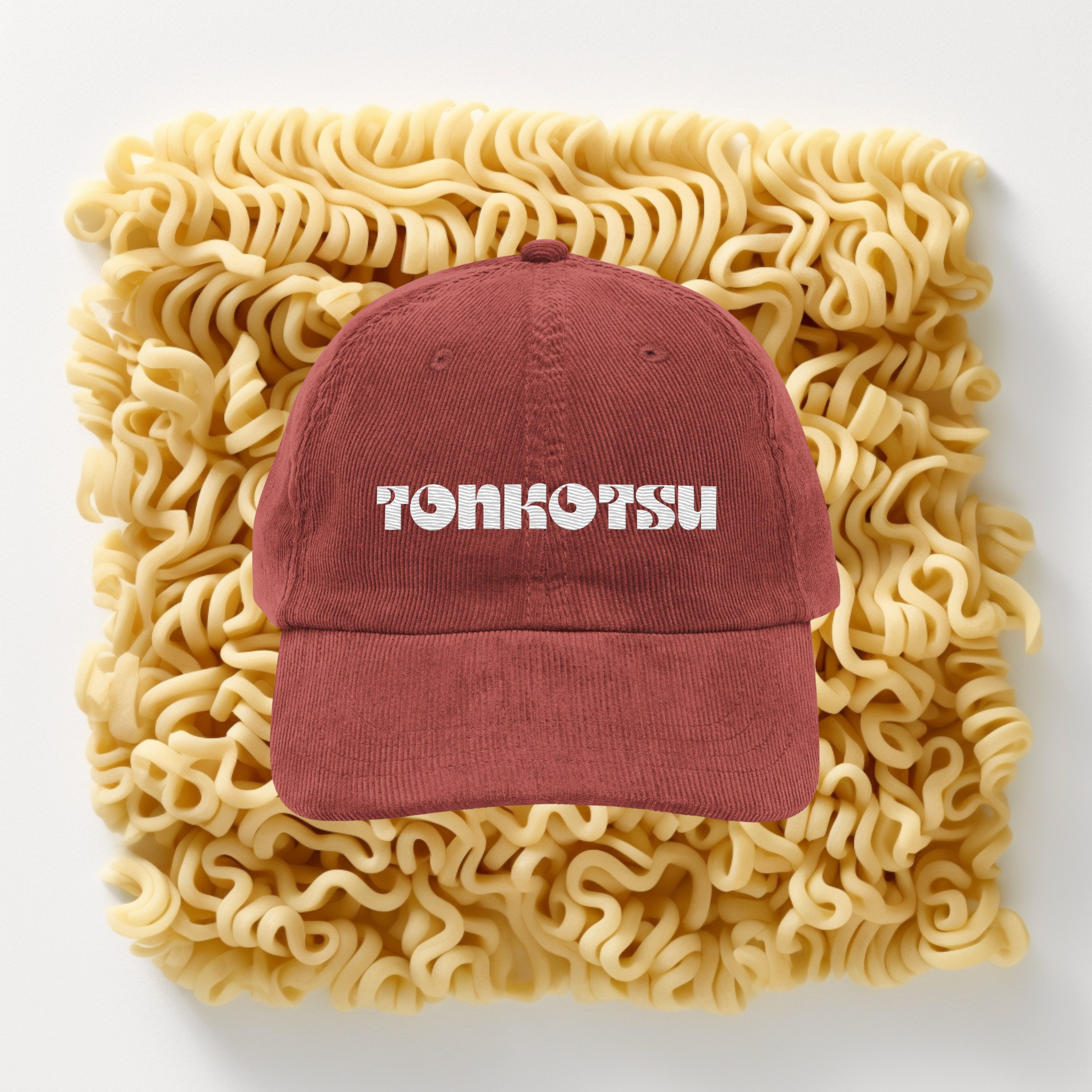 Tonkotsu Ramen Noodles, Ramen Noodles Corduroy Hat, Handmade Embroidered Corduroy Dad Cap - Multiple Colors