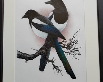 Two For Joy - Framed original artwork, Magpies