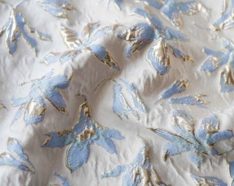 Light Blue Floral Pattern Jacquard Fabric | Gold Thread Brocade | Embossed Pattern | By the yard [3112]