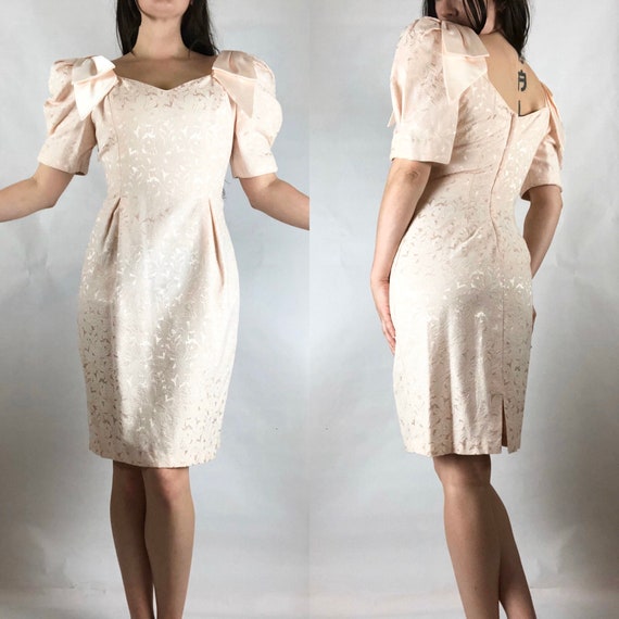 80’s Pastel Pink Floral Brocade Overlay Puffed Sho
