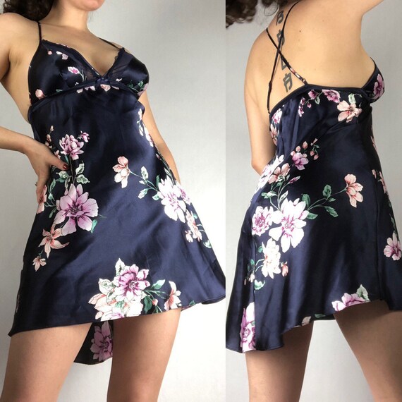 90’s Navy Satin Floral Rose Print Slip Dress Babyd