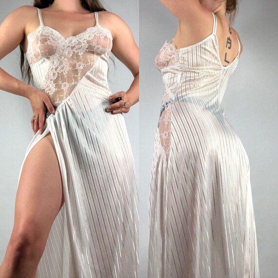 80 S White Satin Nylon And Lace Bust Nightgown Floor Length Slip Dress Night Gosn Lingerie Vintage Frederick S Of Hollywood