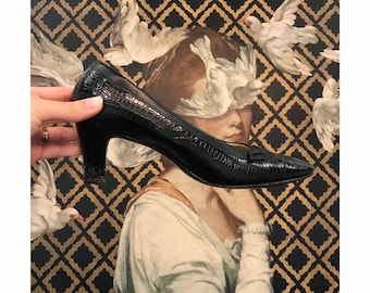 Serpent & Dove heels - modern size 8 vintage black leather heels with snakeskin embossing - F-23