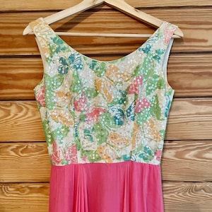 1960s Butterfly sequin vintage formal dress - pink chiffon maxi dress / cocktail attire - F-2
