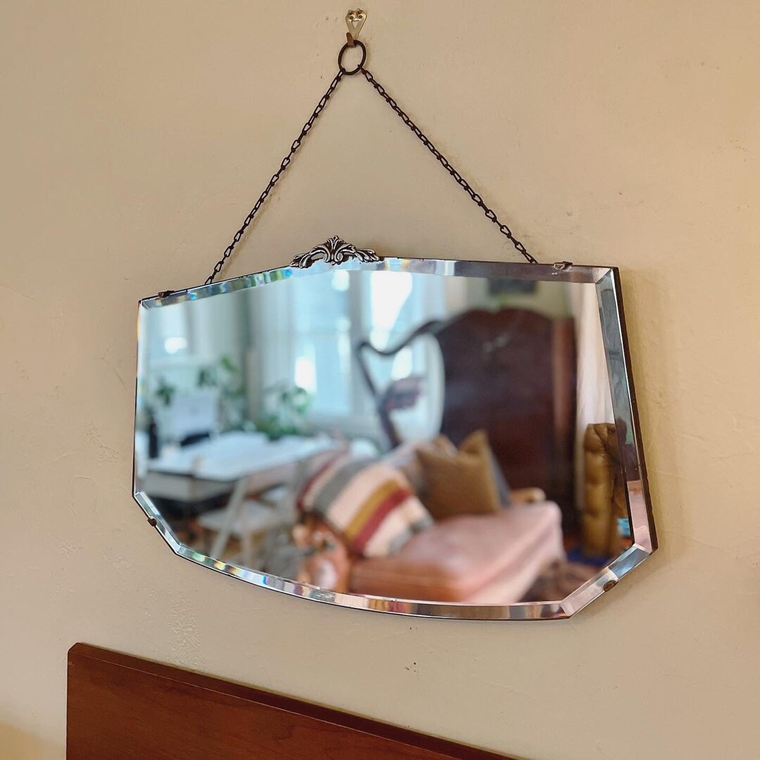 Antique Art Deco Mirror With Long Chain and Decorative Metal Etsy