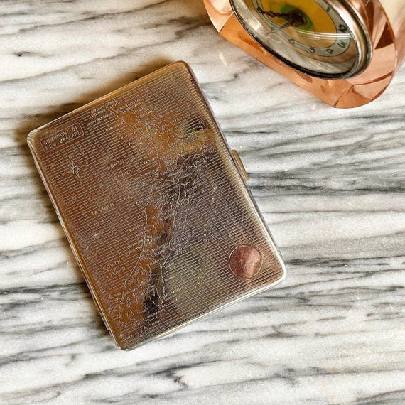 Antique Metal Cigarette Case With Map of New Zealand Engraved on Front