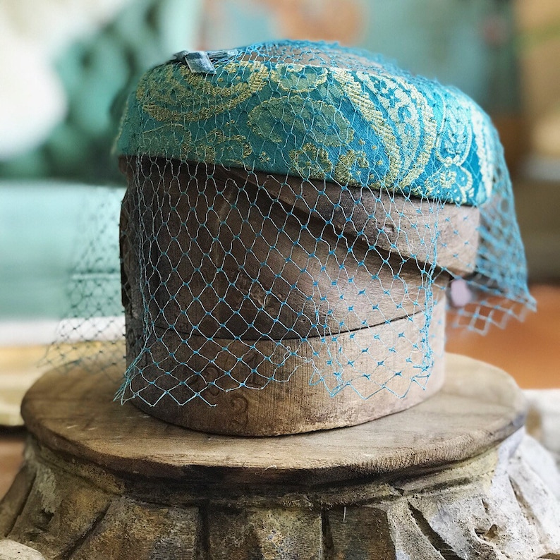 Blue Pillbox hat with veil Jackie Kennedy hat