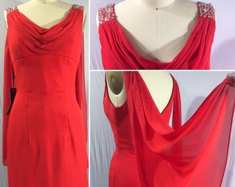 Vintage  Lipstick Red Crepe, Satin and Chiffon Cocktail Wiggle Dress With Rhinestones