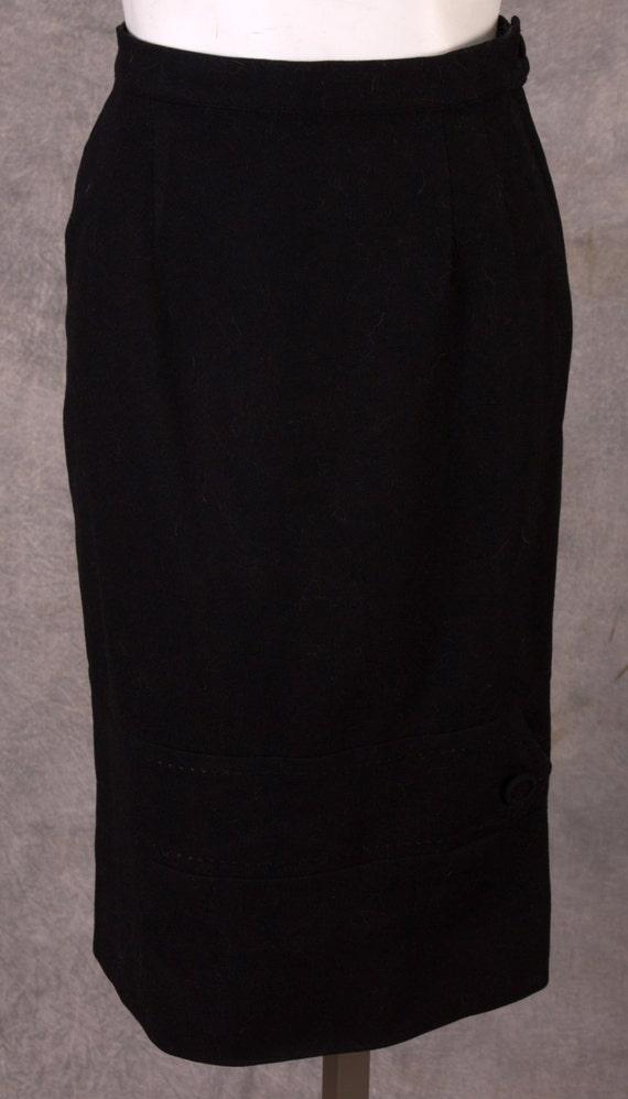 1950s Black Wool Pencil Skirt with Button Tab Trim - image 2