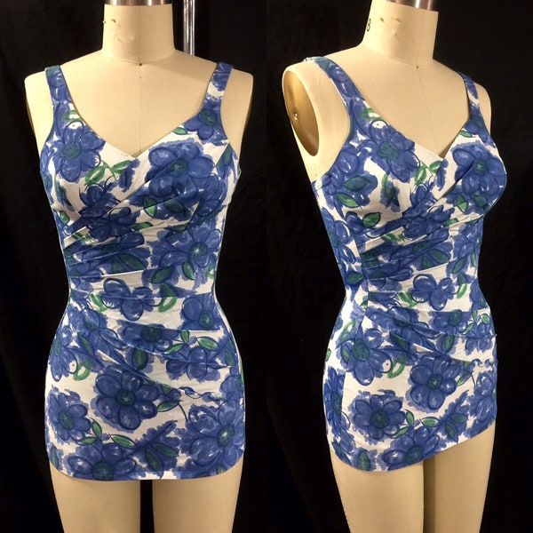 Vintage Early 1950s "Part of the Art of Eve" by Catalina floral Watercolor Print 1 Piece Swimsuit
