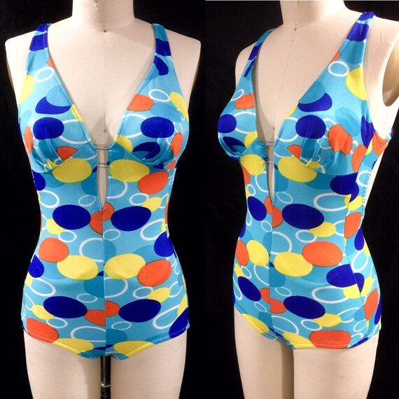 Mod Vintage 1960s Pop Art Dots Plunging Neckline … - image 1