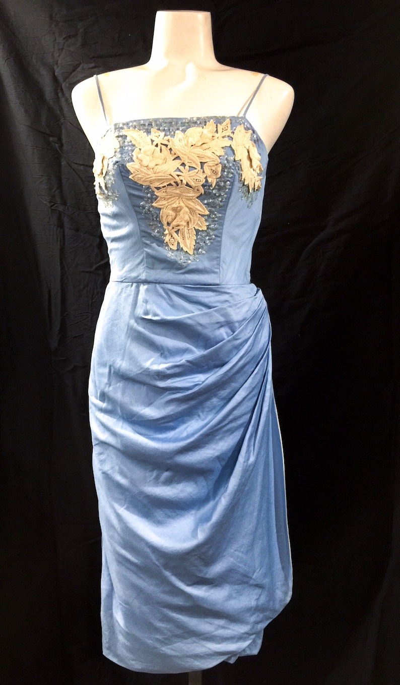 Vintage 1950s Blue Silk Emma Domb Draped Cocktail Party Dress image 2