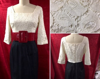 Vintage 1950s White Lace and Black Silk Dupioni Cocktail Wiggle Dress