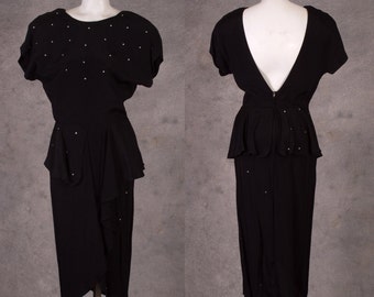 Vintage 1980s does 1940s LBD Black Cocktail Wiggle Dress With Peplum and Rhinestones