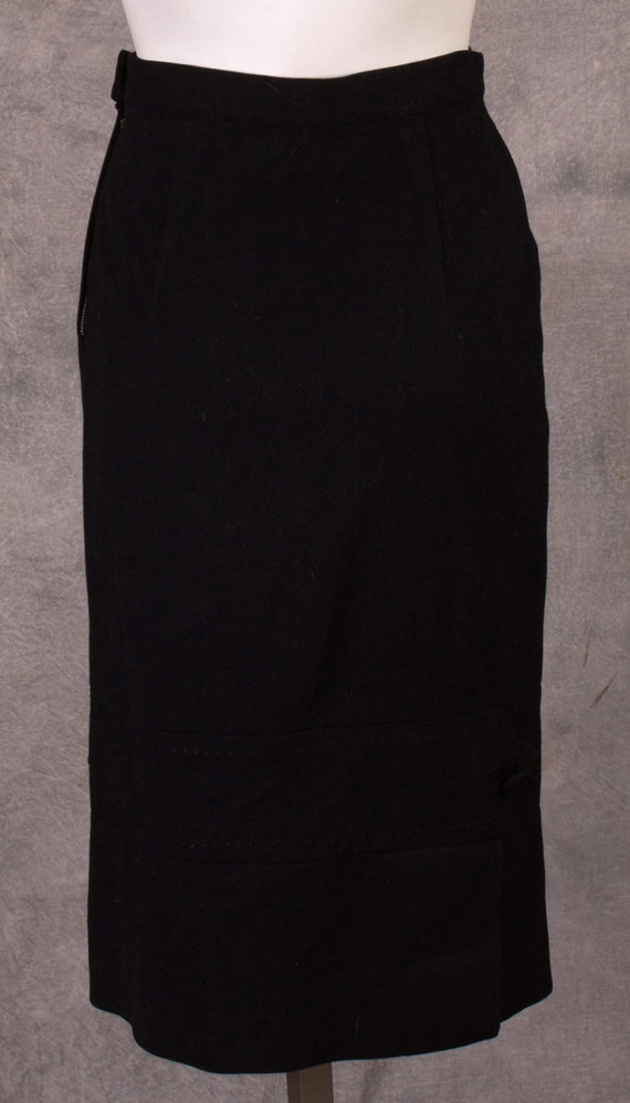 1950s Black Wool Pencil Skirt with Button Tab Trim - image 3