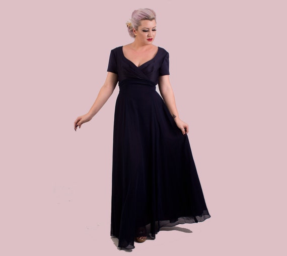 Vintage NWT Navy Blue Silk and Chiffon Long Gown - image 1