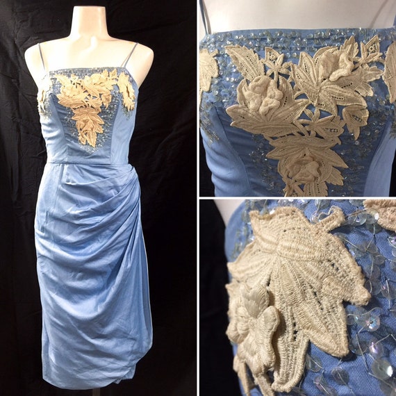 Vintage 1950s Blue Silk Emma Domb Draped Cocktail… - image 1