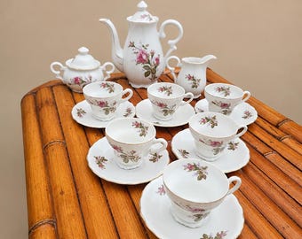 Vintage Floral Porcelain Tea Set – Pink Rose Coffee Pot, Sugar Bowl & Creamer with Cups and Saucers | Cottagecore Tea Party Decor