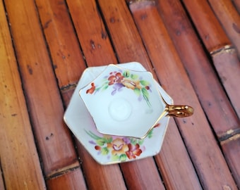Vintage MT Hand Painted Japan Teacup & Hexagon Saucer – Floral Porcelain Tea Cup with Gold Handle