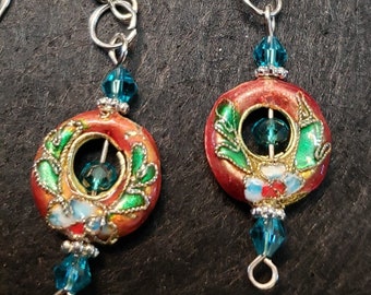 Orange Cloisonne Dangle Earrings with Turquoise Accent Crystals