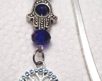 Jewish bookmark; Hamsa bookmark; light blue & cobalt crystal accents, Shepherd's hook bookmark; blue rhinestone tree of life; Judaica