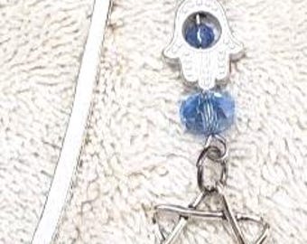 Hamsa Bookmark, Jewish Star, Light Blue Crystal Accents