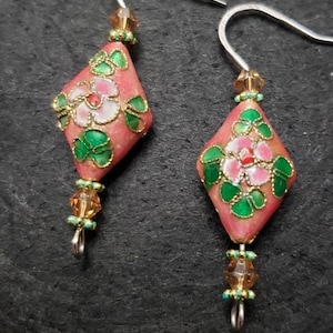 Pink cloisonne drop earrings with champagne crystal accents; pink flower cloisonne