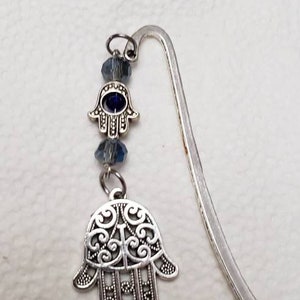 Jewish bookmark; Hamsa; cobalt crystal accents; Shepherd's hook bookmark with Hamsa; large filigree silver toned hamsa;Judaica
