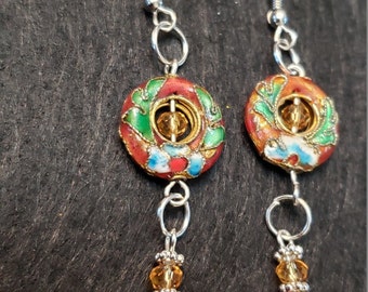 Orange Cloisonne Dangle Earrings;